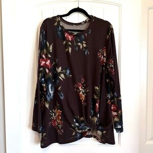Floral long sleeve sweater tunic with tie / ruching at hem, chocolate brown